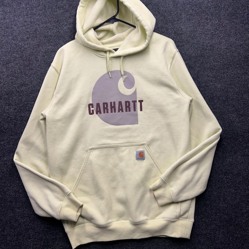 Carhartt Men Small Loose Fit Graphic Logo Hoodie Sweatshirt Pale Yellow 2546